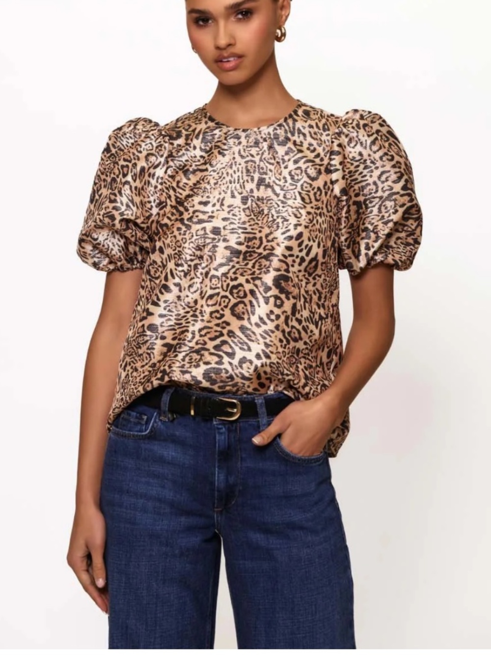 Hutch Nadine Metallic Shimmer Leopard Print Puff Sleeve Top XSP Feminine Neutral